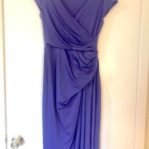 Royal purple faux-wrap dress, cap sleeves, v-neck.